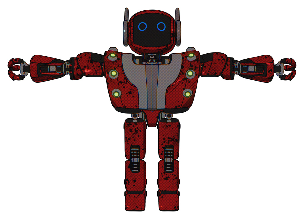 Cyborg containing digital display head and circle eyes and winglets and heavy upper chest and heavy mech chest and green cable sockets array and prototype exoplate legs. Grunge dots dark red. T-pose.