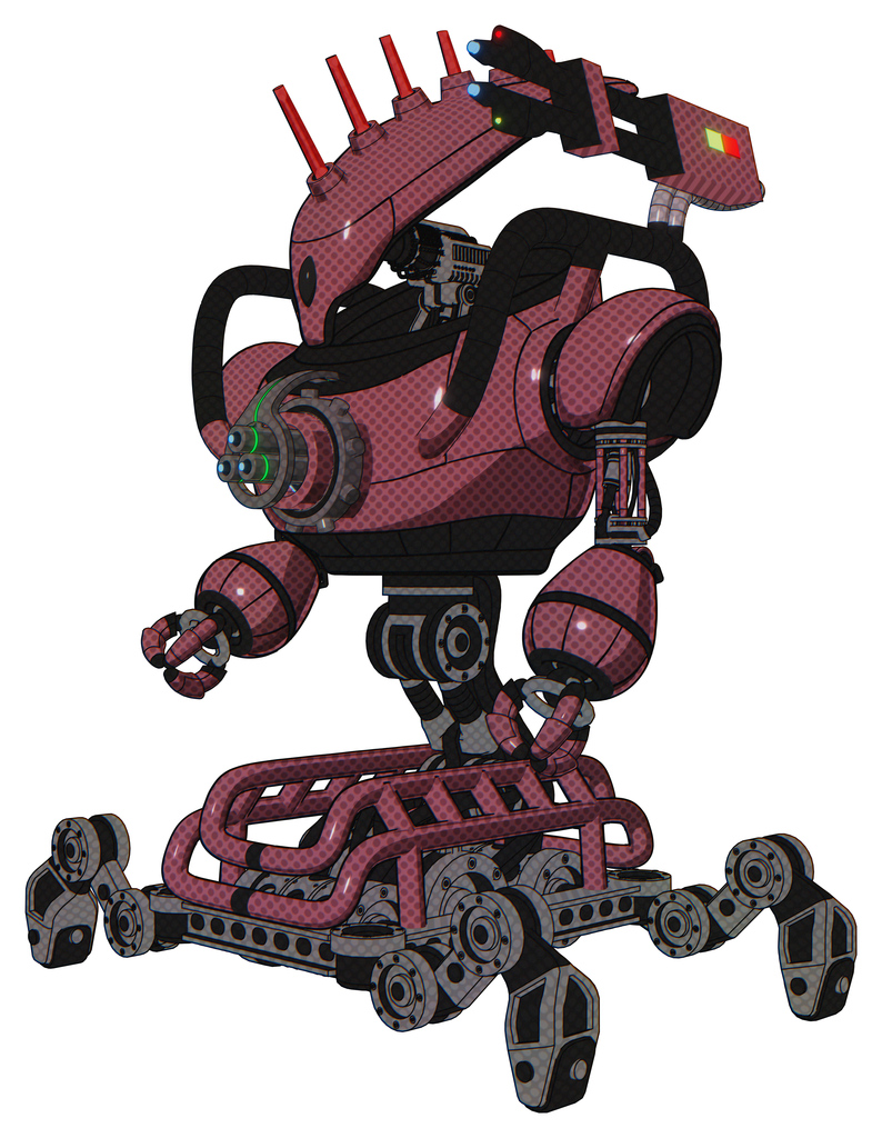 Cyborg containing flat elongated skull head and heavy upper chest and chest energy gun and insect walker legs. Muavewood halftone. Facing right view.