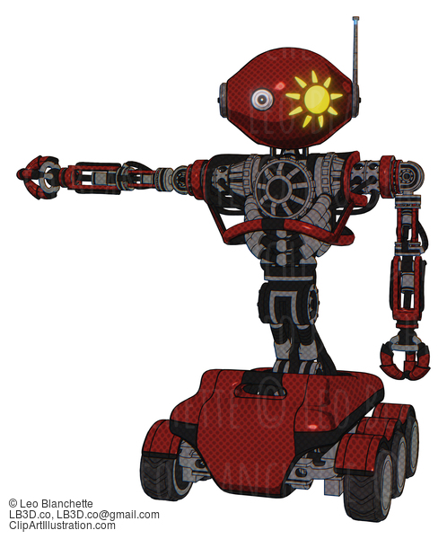 Android Containing Oval Wide Head And Sunshine Patch Eye And Retro Antenna With Light And Heavy Upper Chest And No Chest Plating And Six-Wheeler Base. Matted Red. Arm Out Holding Invisible Object.. #19131