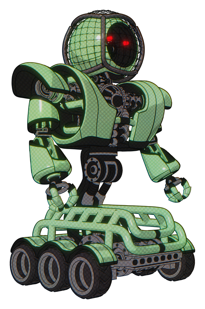 Cyborg containing round barbed wire round head and heavy upper chest and heavy mech chest and six-wheeler base. Green tint toon. Facing left view.