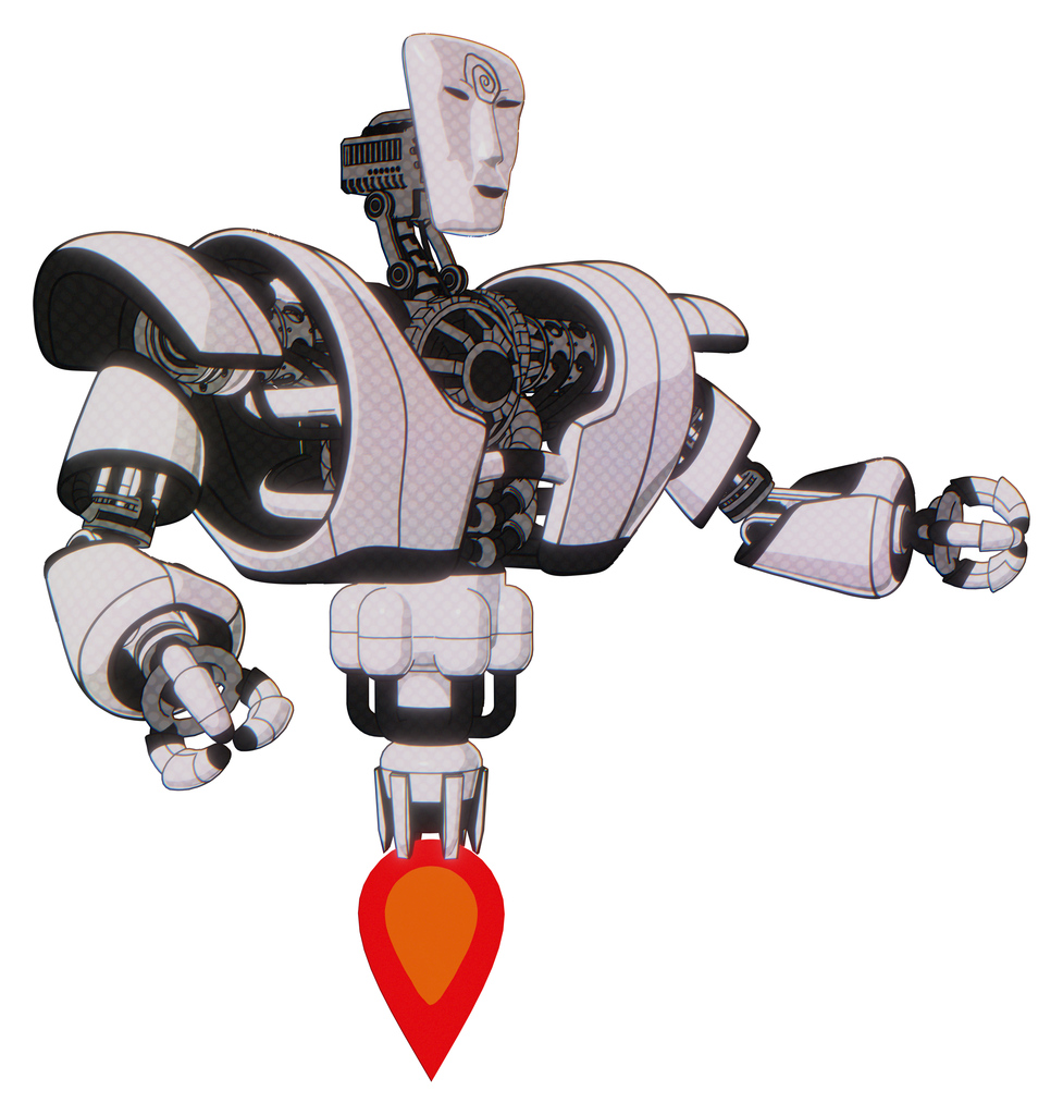 Mech containing humanoid face mask and spiral design and heavy upper chest and heavy mech chest and jet propulsion. White halftone toon. Interacting.