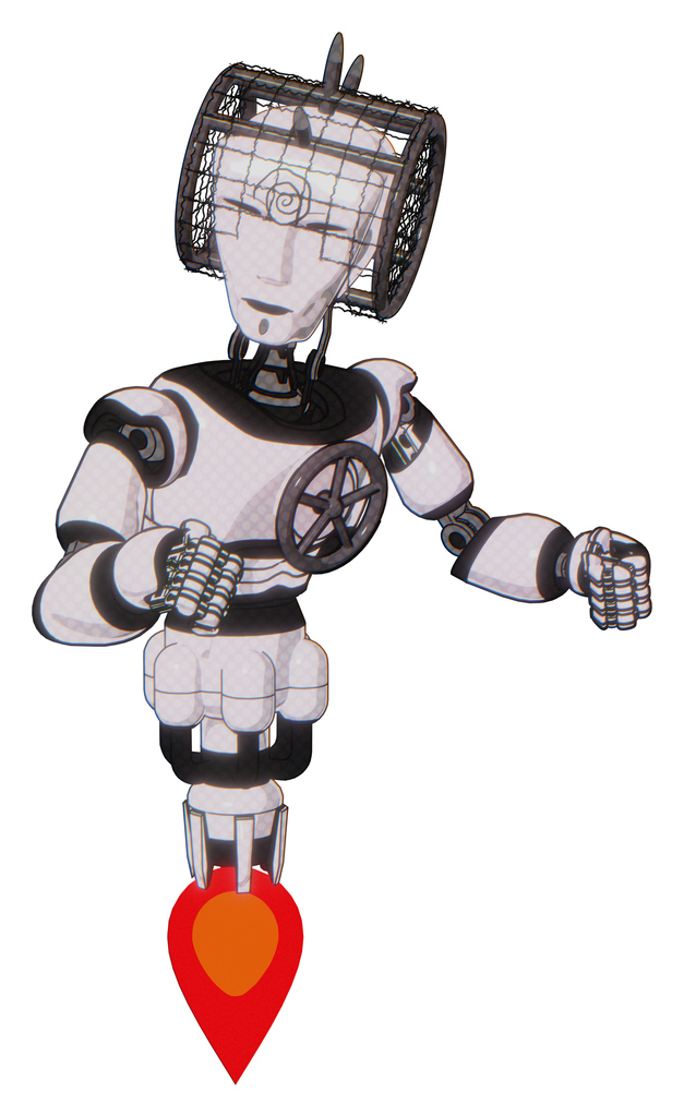 Bot containing humanoid face mask and spiral design and light chest exoshielding and chest valve crank and jet propulsion. White halftone toon. Fight or defense pose..