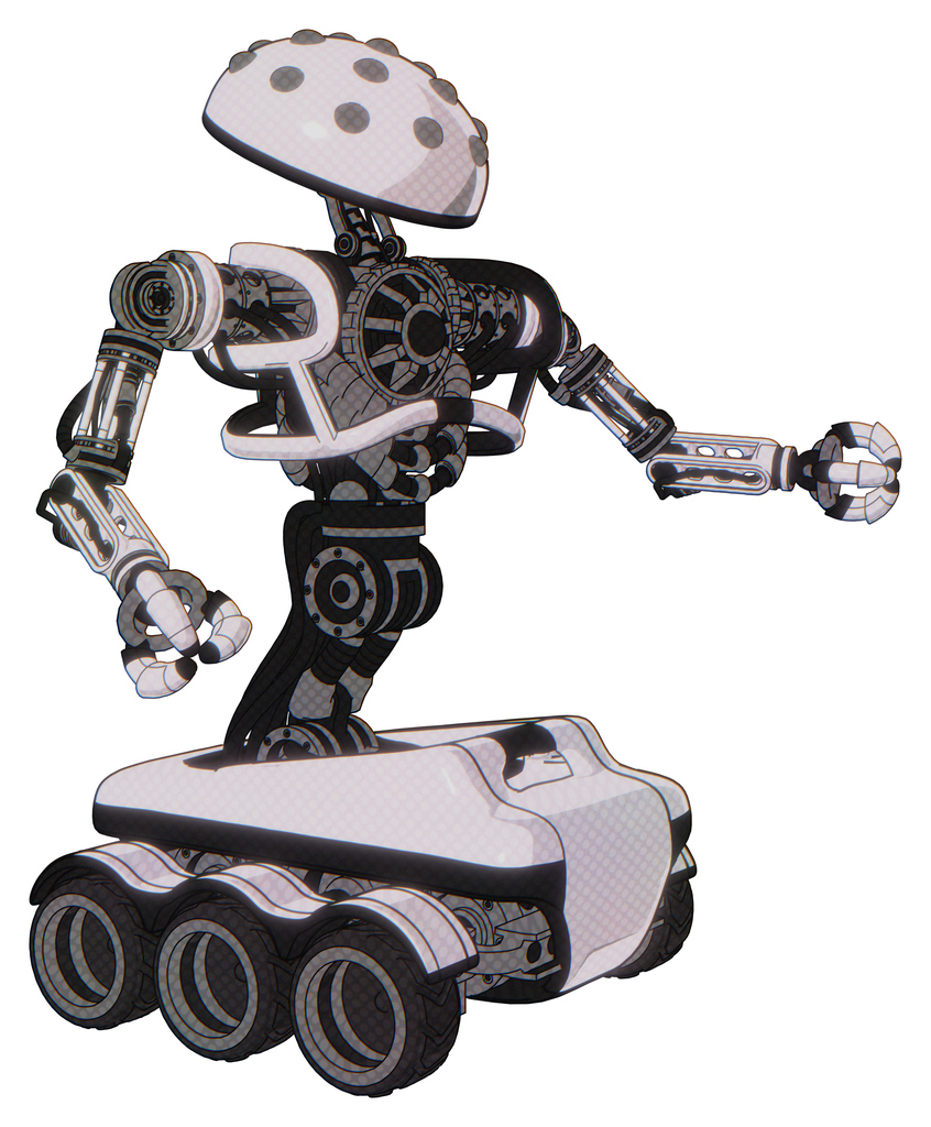 Mech containing metal knucklehead design and heavy upper chest and no chest plating and six-wheeler base. White halftone toon. Interacting.