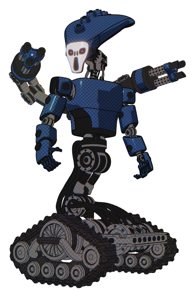Cyborg containing flat elongated skull head and light chest exoshielding and prototype exoplate chest and minigun back assembly and tank tracks. Dark blue halftone. Hero pose.