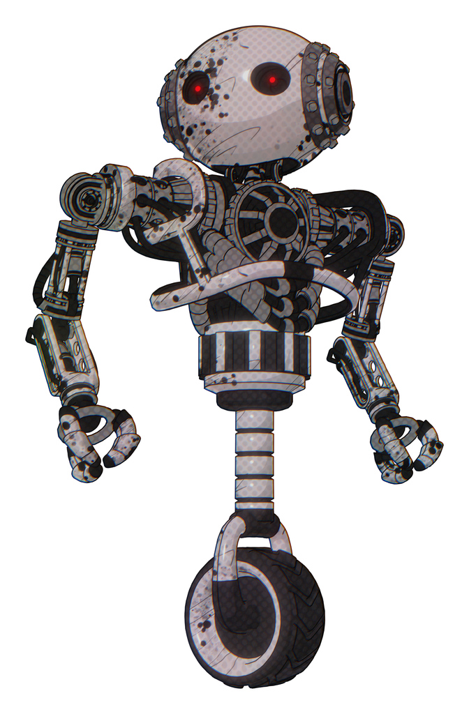 Mech containing oval wide head and small red led eyes and steampunk iron bands with bolts and heavy upper chest and no chest plating and unicycle wheel. Grunge sketch dots. Hero pose.