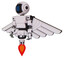 Bot containing digital display head and three vertical line design and light chest exoshielding and prototype exoplate chest and pilot's wings assembly and jet propulsion. White halftone toon.