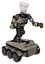 Automaton containing humanoid face mask and light chest exoshielding and blue energy core and six-wheeler base. Grungy fiberglass. Fight or defense pose..
