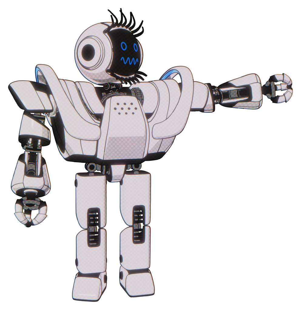 Droid containing digital display head and stunned expression and eye lashes deco and heavy upper chest and heavy mech chest and battle mech chest and prototype exoplate legs. White halftone toon.