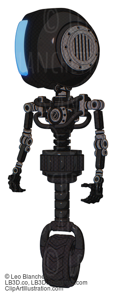 Android Containing Round Head And Large Vertical Visor And Light Chest Exoshielding And No Chest Plating And Unicycle Wheel. Dirty Black. Standing Looking Right Restful Pose. #19173
