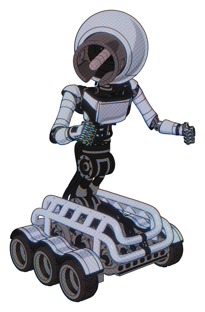 Bot containing cable connector head and light chest exoshielding and ultralight chest exosuit and six-wheeler base. Blue tint toon. Fight or defense pose..