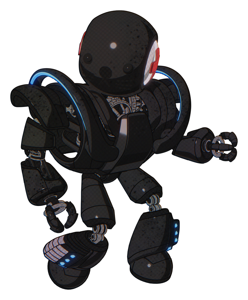 Droid containing round head and first aid emblem and heavy upper chest and heavy mech chest and battle mech chest and light leg exoshielding and megneto-hovers foot mod and cat face. Dirty black.