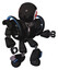 Droid containing round head and first aid emblem and heavy upper chest and heavy mech chest and battle mech chest and light leg exoshielding and megneto-hovers foot mod and cat face. Dirty black.