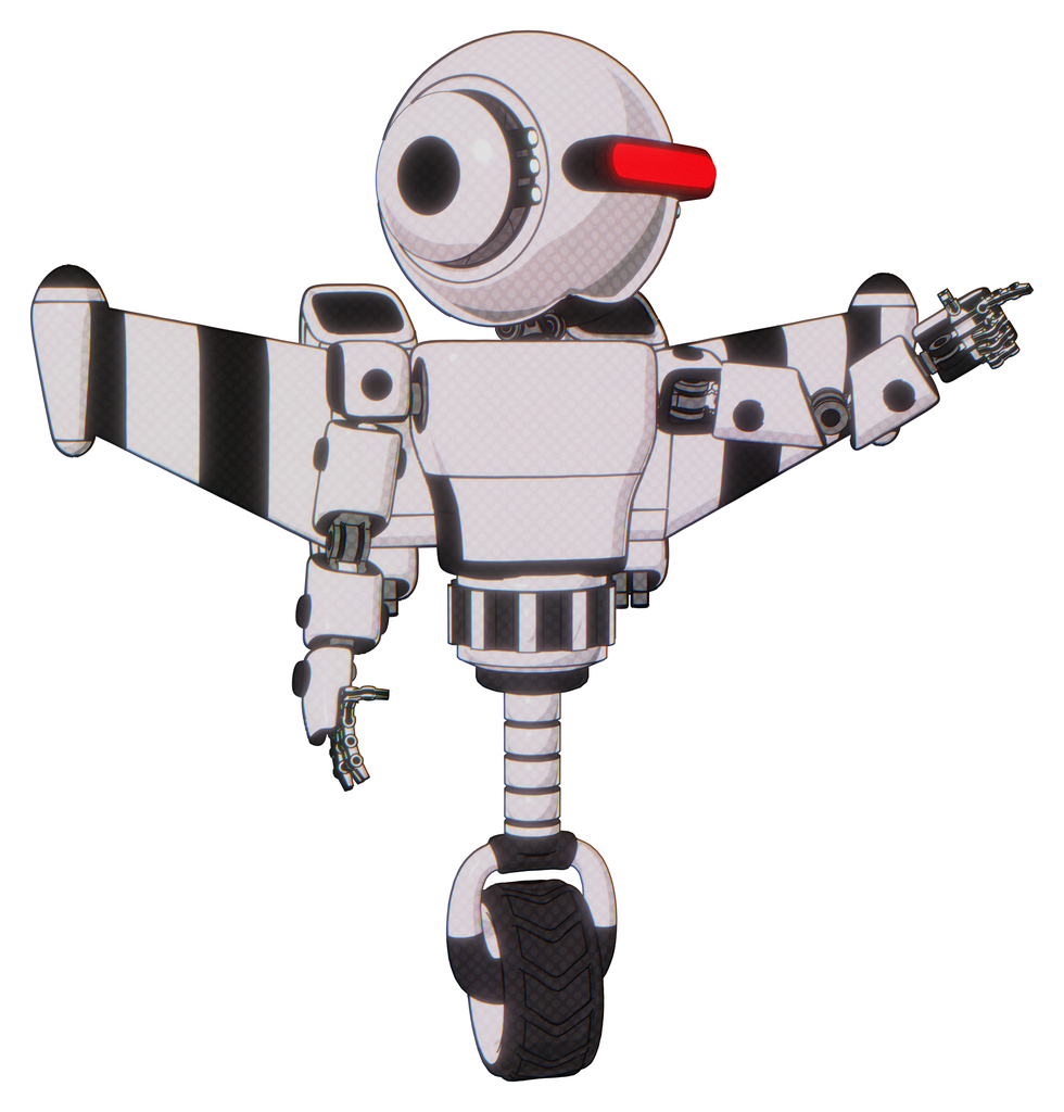 Android containing round head and horizontal red visor and head light gadgets and light chest exoshielding and prototype exoplate chest and stellar jet wing rocket pack and unicycle wheel.