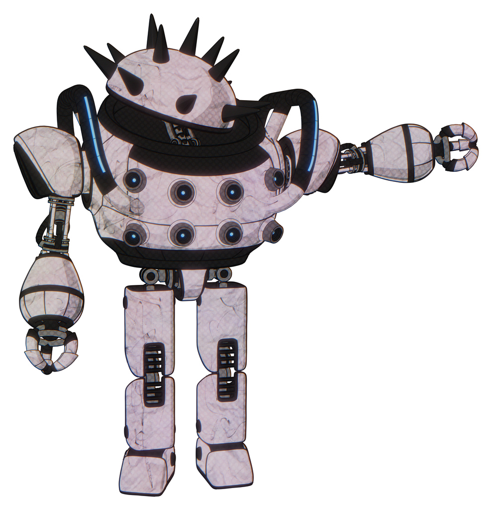 Bot containing thorny domehead design and heavy upper chest and chest energy sockets and blue strip lights and prototype exoplate legs. Sketch pad light lines. Pointing left or pushing a button..