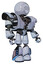 Droid containing dots array face and heavy upper chest and heavy mech chest and light leg exoshielding and megneto-hovers foot mod. Blue tint toon. Facing left view.