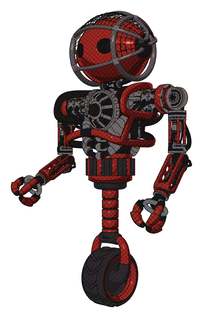 Robot containing oval wide head and barbed wire cage helmet and heavy upper chest and no chest plating and unicycle wheel. Cherry tomato red. Facing right view.