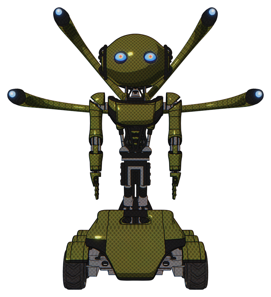 Automaton containing oval wide head and blue eyes and light chest exoshielding and ultralight chest exosuit and blue-eye cam cable tentacles and six-wheeler base. Army green halftone. Front view.