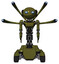 Automaton containing oval wide head and blue eyes and light chest exoshielding and ultralight chest exosuit and blue-eye cam cable tentacles and six-wheeler base. Army green halftone. Front view.