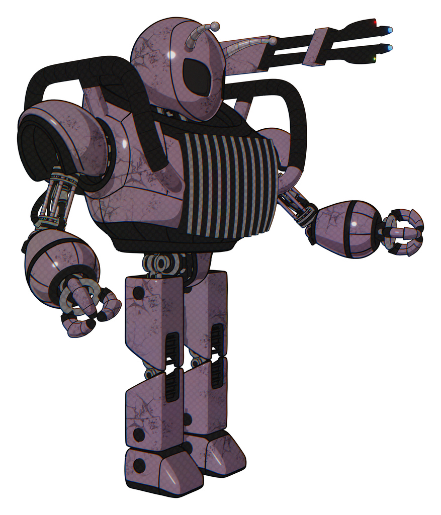 Cyborg containing grey alien style head and black eyes and bug antennas and heavy upper chest and chest vents and prototype exoplate legs. Lilac metal. Interacting.