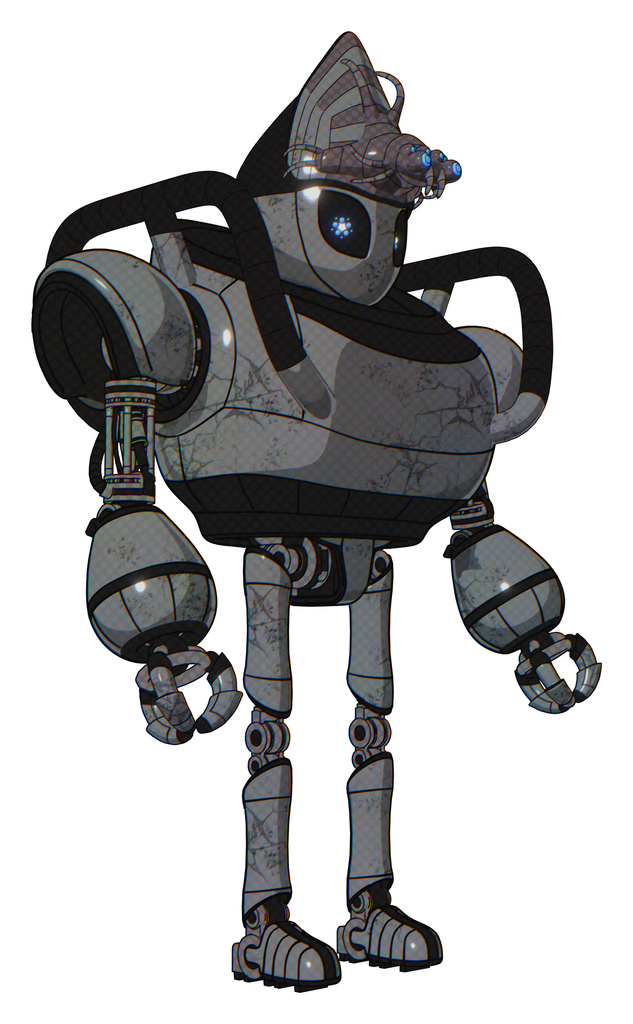 Droid containing grey alien style head and electric eyes and alien bug creature hat and heavy upper chest and ultralight foot exosuit. Patent concrete gray metal. Facing left view.