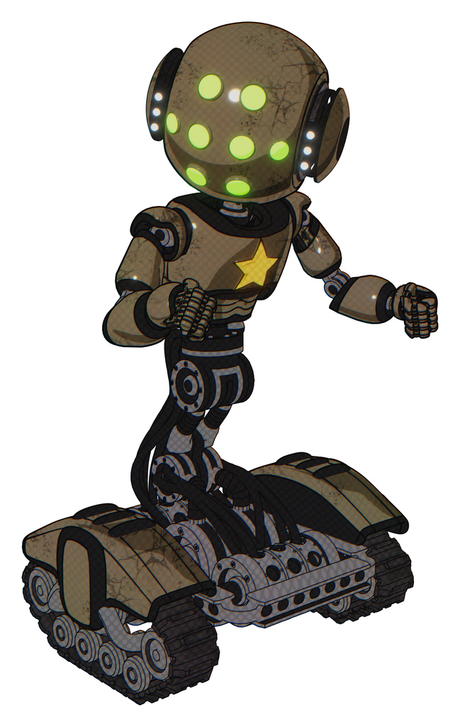 Droid containing round head and green eyes array and head light gadgets and light chest exoshielding and yellow star and tank tracks. Desert tan painted. Fight or defense pose..