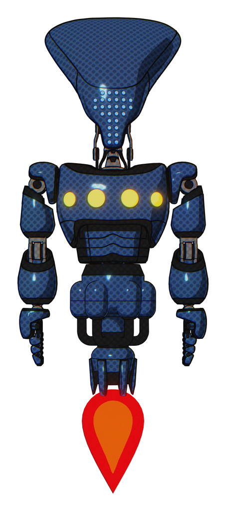 Robot containing flat elongated skull head and light chest exoshielding and yellow chest lights and jet propulsion. Dark blue halftone. Front view.