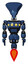 Robot containing flat elongated skull head and light chest exoshielding and yellow chest lights and jet propulsion. Dark blue halftone. Front view.