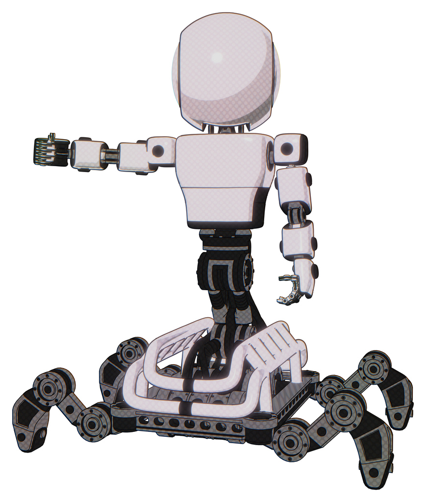 Bot containing round head and light chest exoshielding and prototype exoplate chest and insect walker legs. White halftone toon. Arm out holding invisible object..