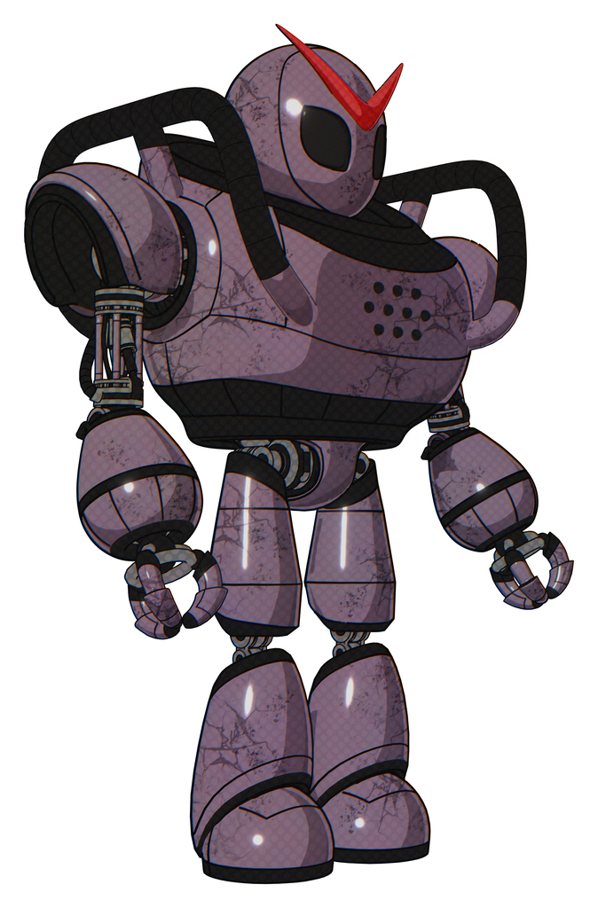 Mech containing grey alien style head and black eyes and heavy upper chest and light leg exoshielding. Lilac metal. Facing left view.