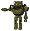 Bot containing oval wide head and yellow eyes and barbed wire visor helmet and heavy upper chest and triangle of blue leds and prototype exoplate legs. Army green halftone.