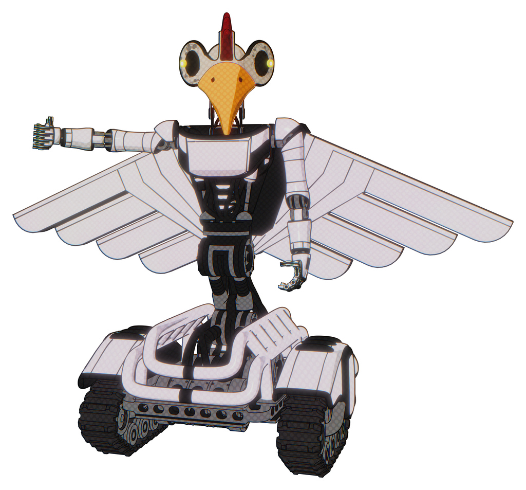 Automaton containing bird skull head and yellow led protruding eyes and chicken design and light chest exoshielding and ultralight chest exosuit and pilot's wings assembly and tank tracks.
