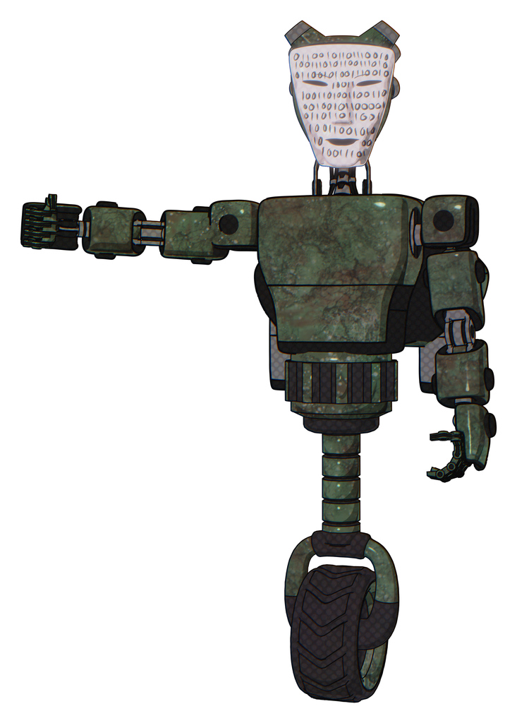 Automaton containing humanoid face mask and binary war paint and light chest exoshielding and prototype exoplate chest and rocket pack and unicycle wheel. Old corroded copper.