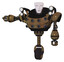 Robot containing humanoid face mask and heavy upper chest and chest energy sockets and shoulder headlights and unicycle wheel. Old copper. Arm out holding invisible object..