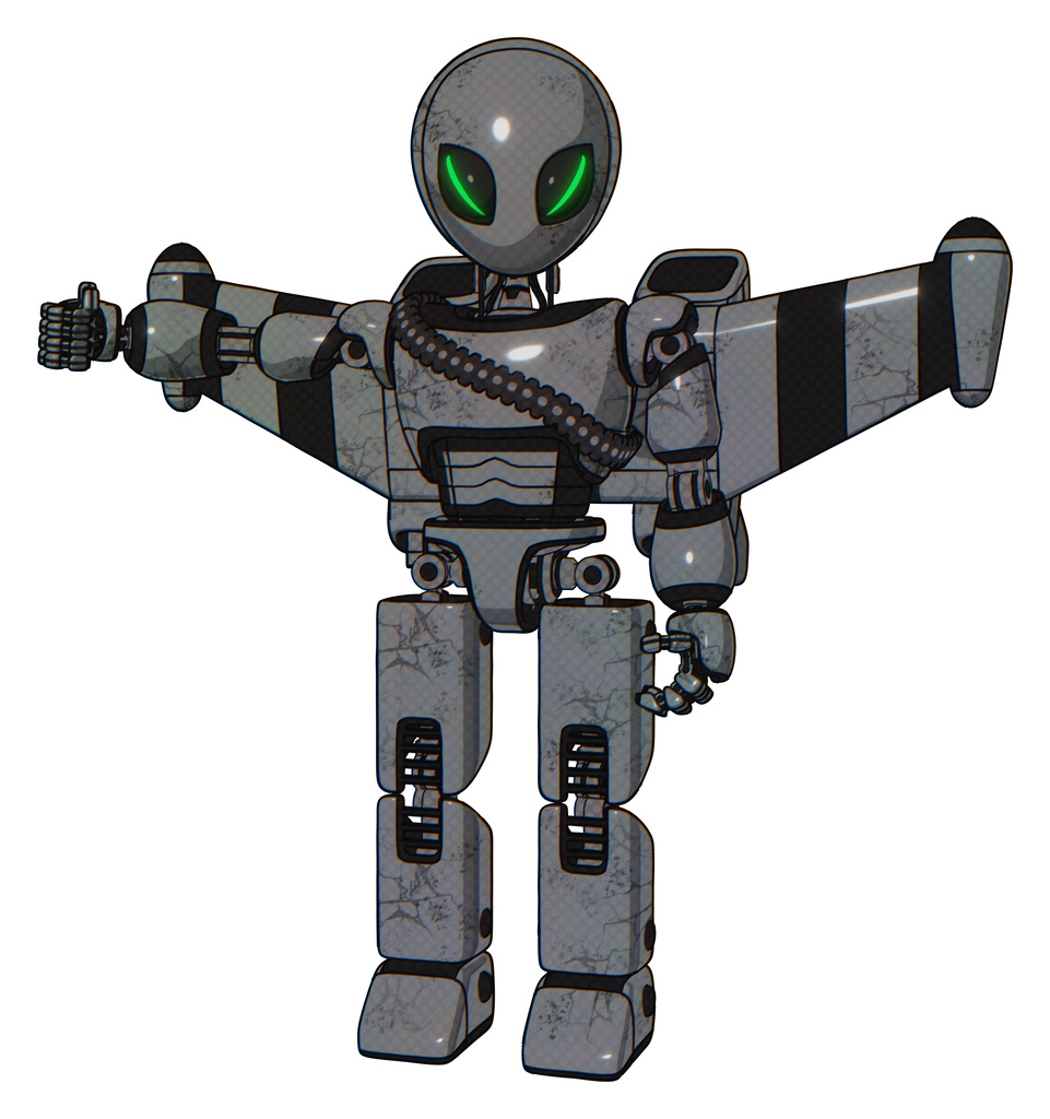 Droid containing grey alien style head and green demon eyes and light chest exoshielding and rubber chain sash and stellar jet wing rocket pack and prototype exoplate legs. Patent concrete gray metal.