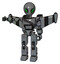 Droid containing grey alien style head and green demon eyes and light chest exoshielding and rubber chain sash and stellar jet wing rocket pack and prototype exoplate legs. Patent concrete gray metal.