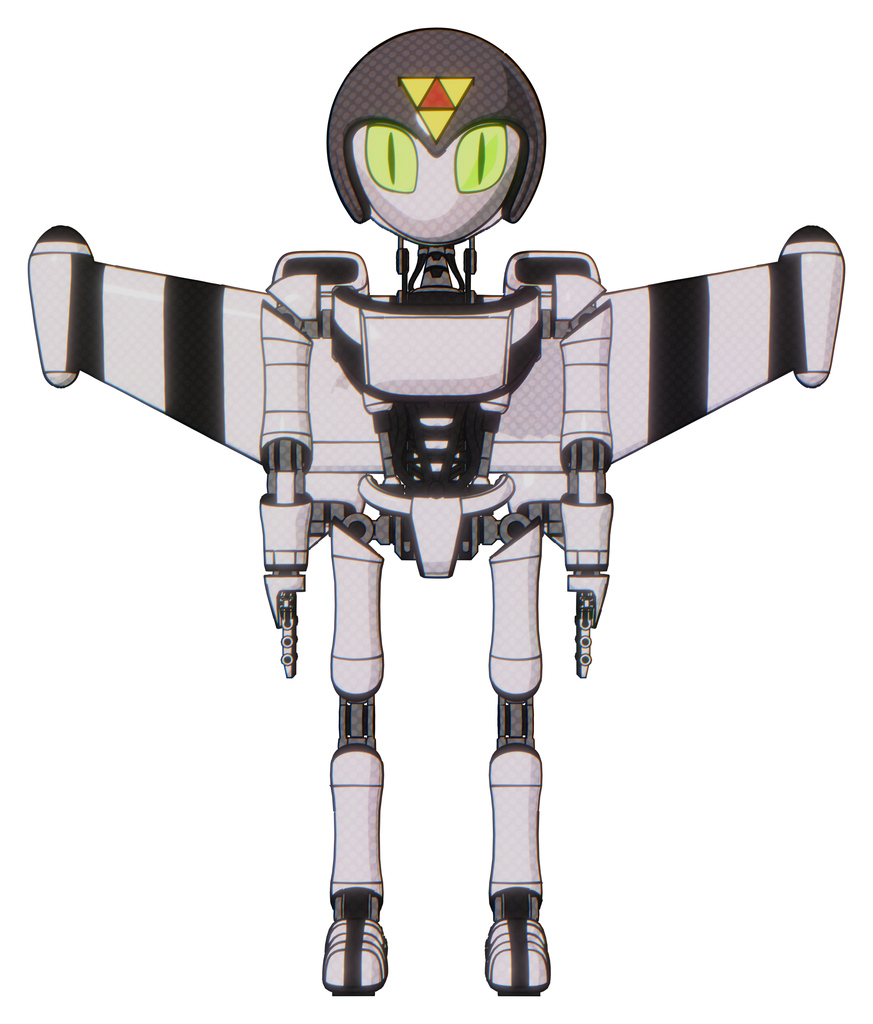 Mech containing grey alien style head and cat's eyes and triangle design and gray helmet and light chest exoshielding and ultralight chest exosuit and stellar jet wing rocket pack .