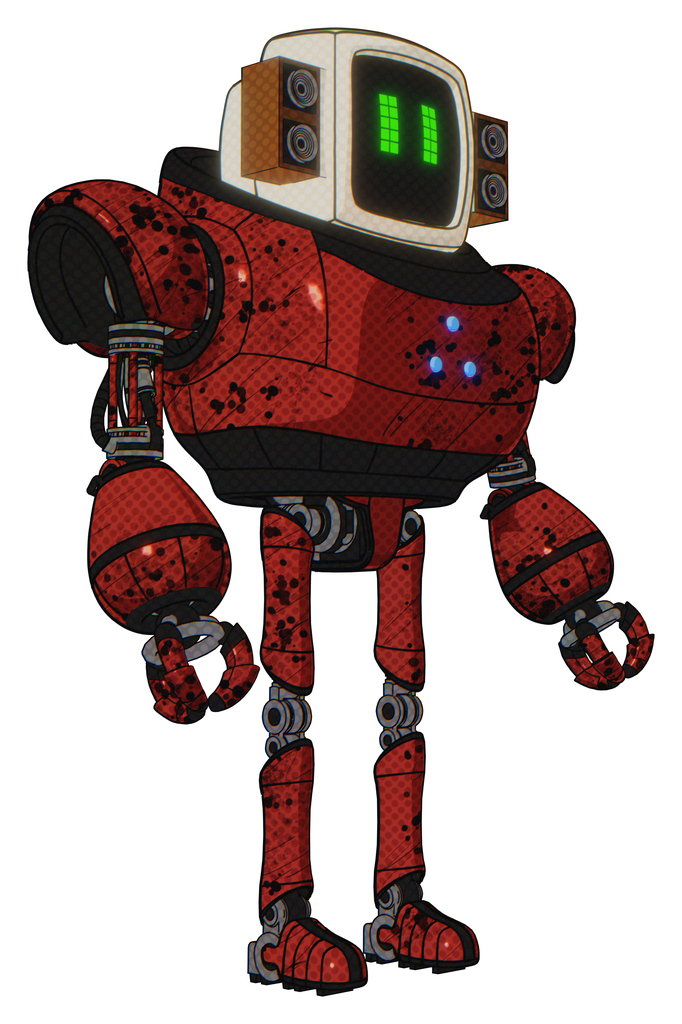 Cyborg containing old computer monitor and pixel line eyes and old retro speakers and heavy upper chest and triangle of blue leds and ultralight foot exosuit. Grunge dots cherry tomato red.