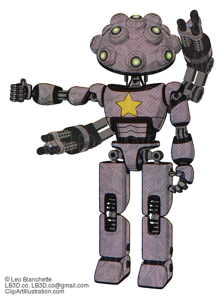 Android Containing Techno Multi-Eyed Domehead Design And Light Chest Exoshielding And Yellow Star And Minigun Back Assembly And Prototype Exoplate Legs. Dark Sketch. Arm Out Holding Invisible Object.. #19240