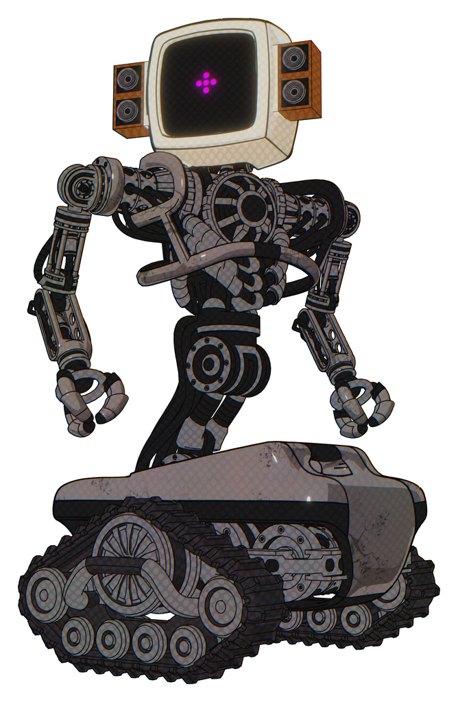 Robot containing old computer monitor and magenta symbol display and old retro speakers and heavy upper chest and no chest plating and tank tracks. Light pink beige. Hero pose.