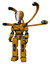 Mech containing humanoid face mask and two-face black white mask and light chest exoshielding and cable sash and blue-eye cam cable tentacles and prototype exoplate legs. Worn construction yellow.