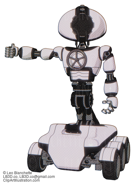 Android Containing Gatling Gun Face Design And Light Chest Exoshielding And Chest Valve Crank And Six-Wheeler Base. White Halftone Toon. Arm Out Holding Invisible Object.. #19249