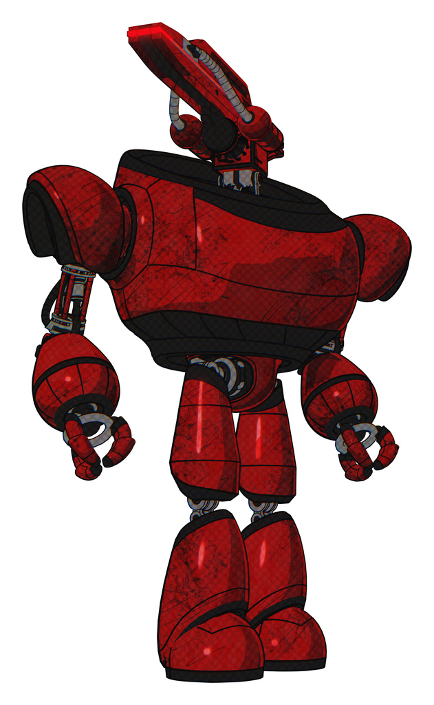 Robot containing dual retro camera head and laser gun head and heavy upper chest and light leg exoshielding. Red blood grunge material. Hero pose.