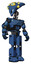Mech containing flat elongated skull head and yellow eyeball array and light chest exoshielding and chest green blue lights array and rocket pack and prototype exoplate legs. Blue halftone. Hero pose.