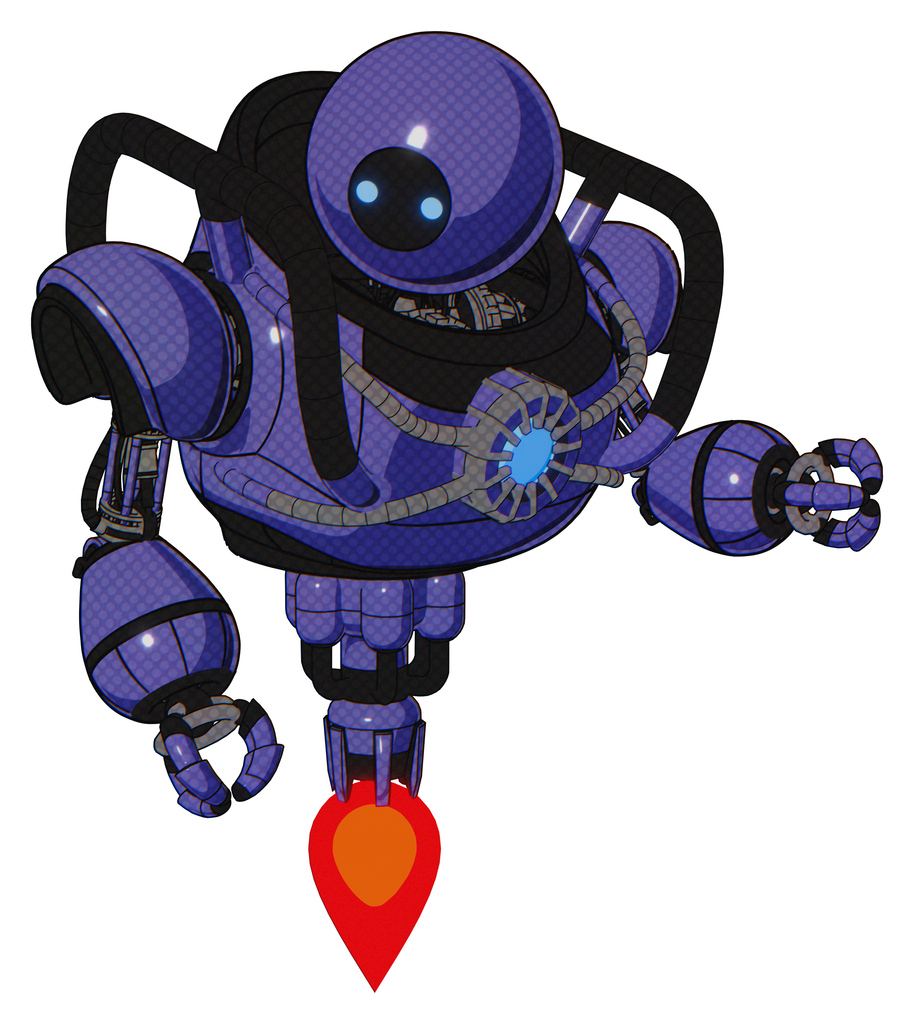 Droid containing dual retro camera head and black circle blue eyes head and heavy upper chest and chest blue energy core and jet propulsion. Primary blue halftone. Fight or defense pose..