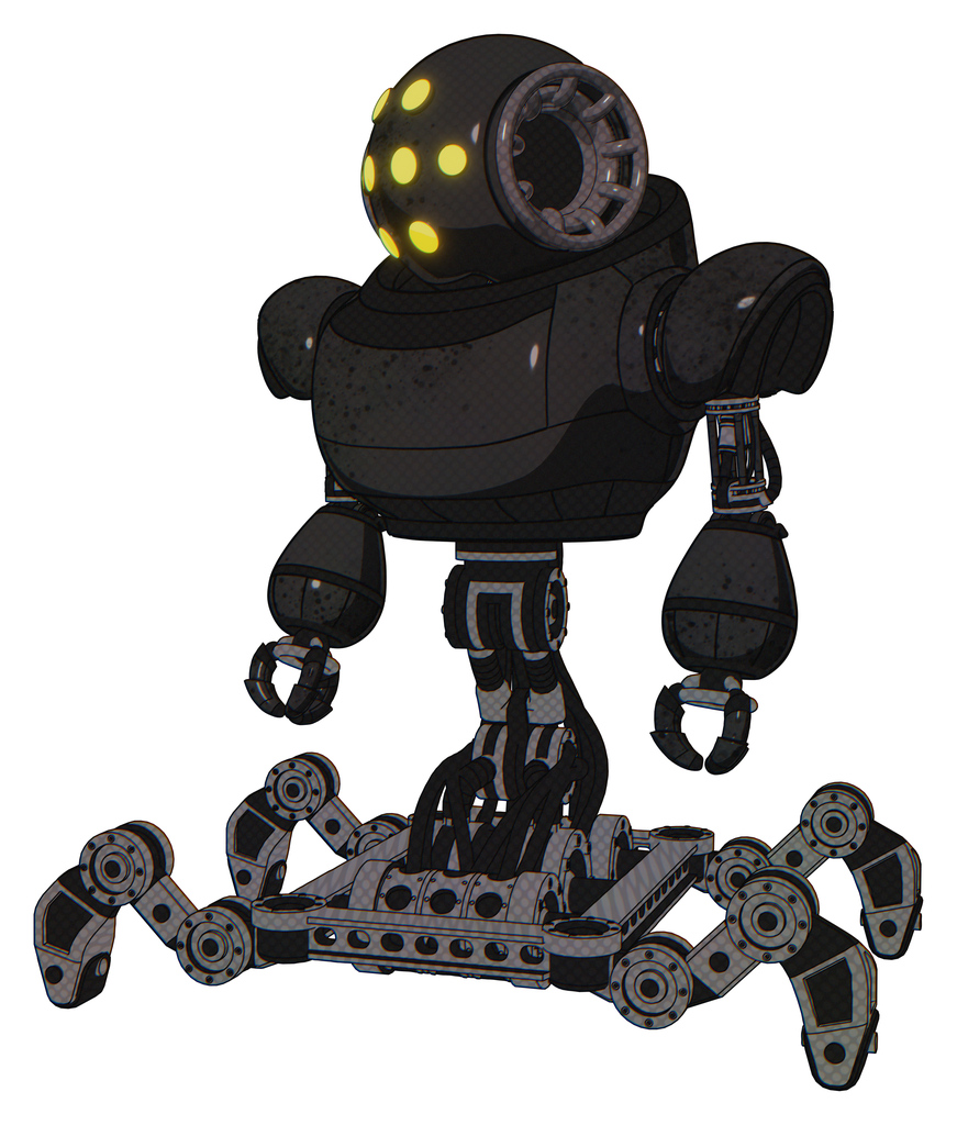 Droid containing round head and yellow eyes array and heavy upper chest and insect walker legs. Dirty black. Standing looking right restful pose.