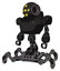 Droid containing round head and yellow eyes array and heavy upper chest and insect walker legs. Dirty black. Standing looking right restful pose.