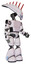 Cyborg containing flat elongated skull head and light chest exoshielding and prototype exoplate chest and light leg exoshielding. White halftone toon. Facing left view.