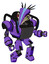 Droid containing bird skull head and yellow and green scope eyes and head shield design and heavy upper chest and chest vents and blue strip lights and prototype exoplate legs.