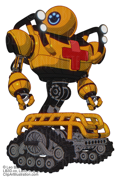 Android Containing Dual Retro Camera Head And Happy 3 Eyes Round Head And Heavy Upper Chest And First Aid Chest Symbol And Shoulder Headlights And Tank Tracks. Primary Yellow Halftone. Hero Pose. #19275