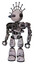 Droid containing oval wide head and telescopic steampunk eyes and techno halo ornament and heavy upper chest and no chest plating and light leg exoshielding. Grunge sketch dots.